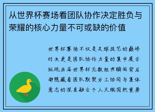 从世界杯赛场看团队协作决定胜负与荣耀的核心力量不可或缺的价值